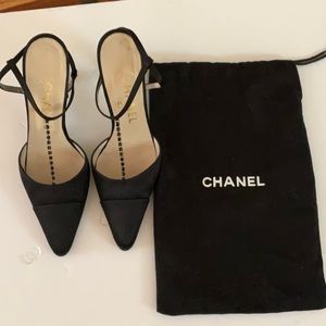 Authentic Chanel black satin t-strap evening shoes